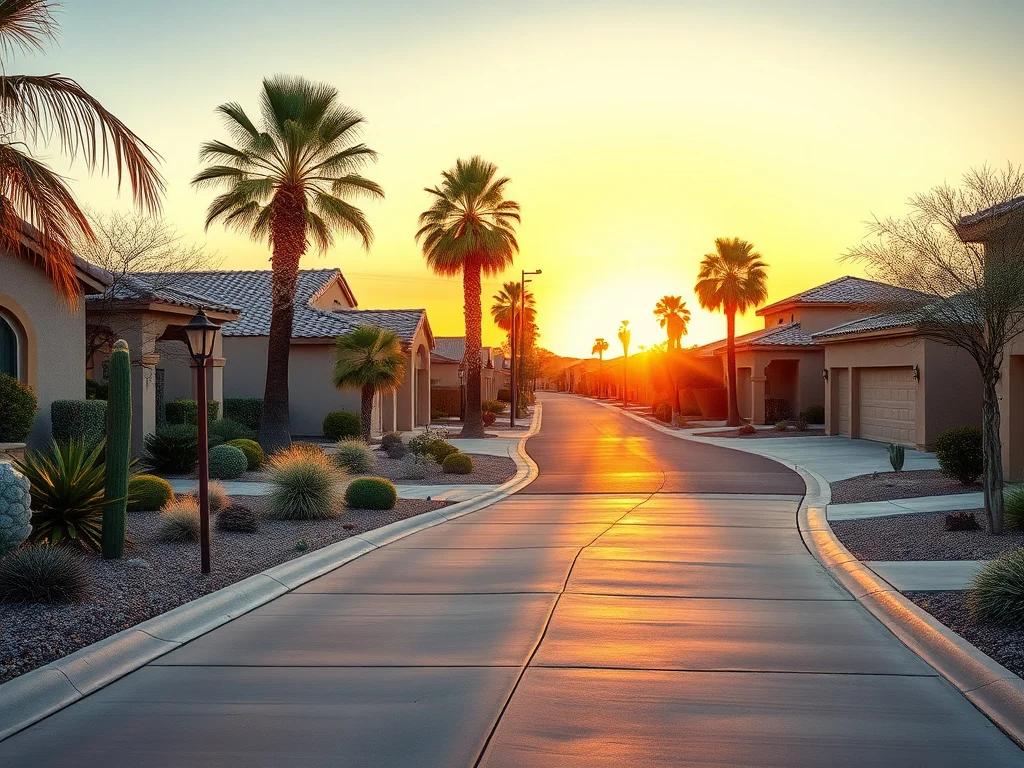 Scottsdale street with level driveways and desert landscaping at golden hour