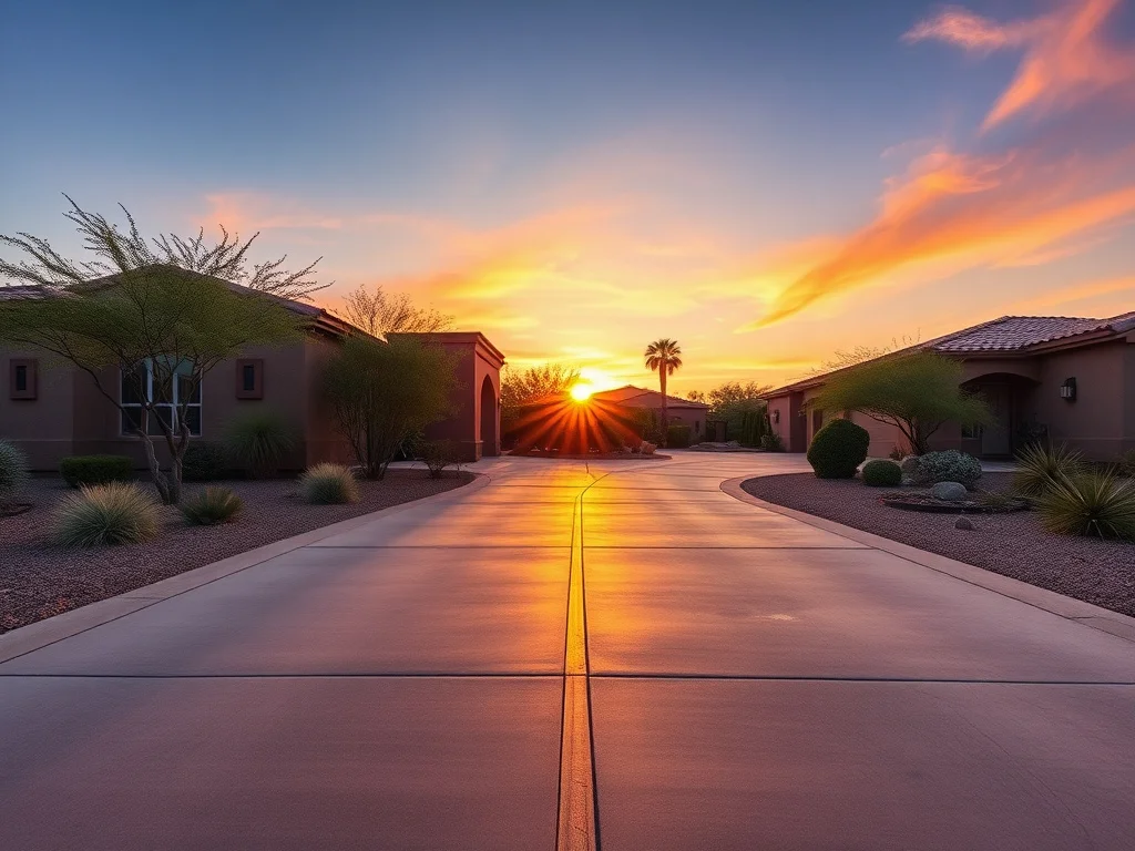 Level concrete driveway in an Arizona desert suburb at sunset with laser level line