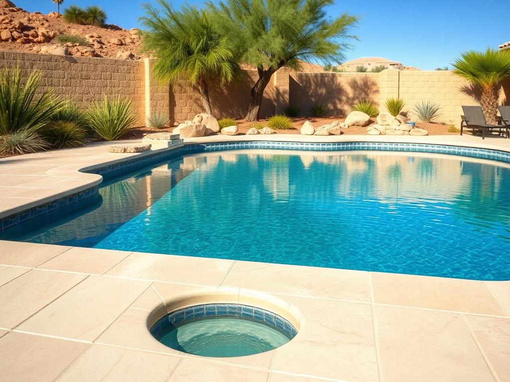 Sunken travertine pool deck beside a Scottsdale backyard pool