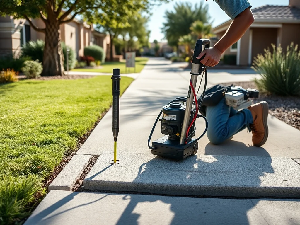 Technician leveling a raised concrete sidewalk flag with injection equipment