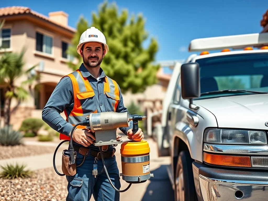 Concrete lifting technician with injection equipment beside a work truck in Scottsdale